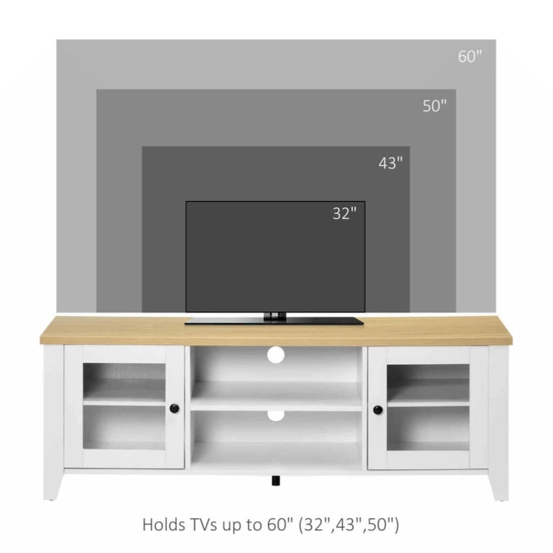 Meuble TV moderne, meuble de divertissement avec étagères et placards pour téléviseurs à écran plat jusqu'à 60 pouces pour chambre, salon, blanc