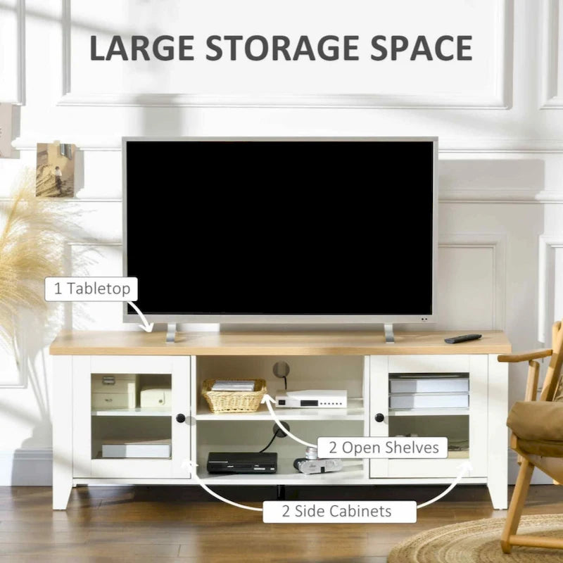 Meuble TV moderne, meuble de divertissement avec étagères et placards pour téléviseurs à écran plat jusqu'à 60 pouces pour chambre, salon, blanc
