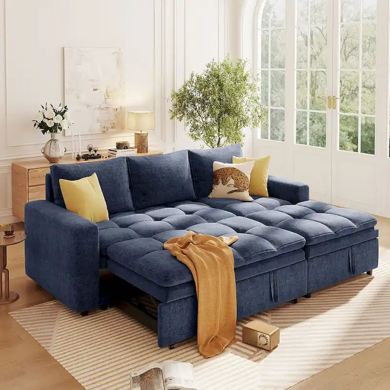 Canapé d'angle convertible bleu en L avec rangement, tissu doux en chenille