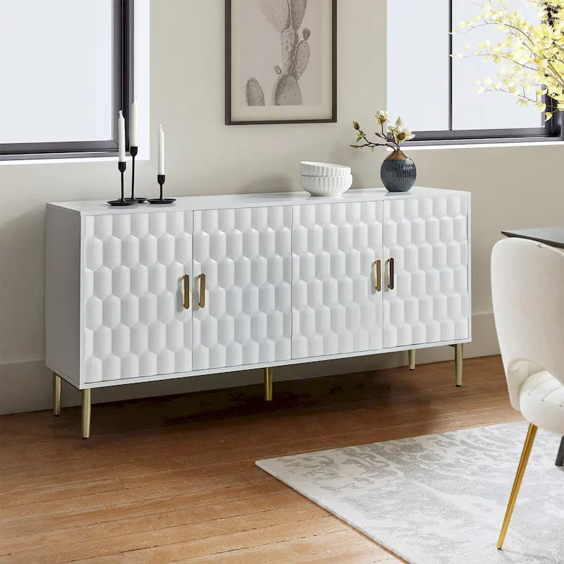 Bahut moderne blanc/noir de 160 cm avec portes hexagonales et pieds dorés