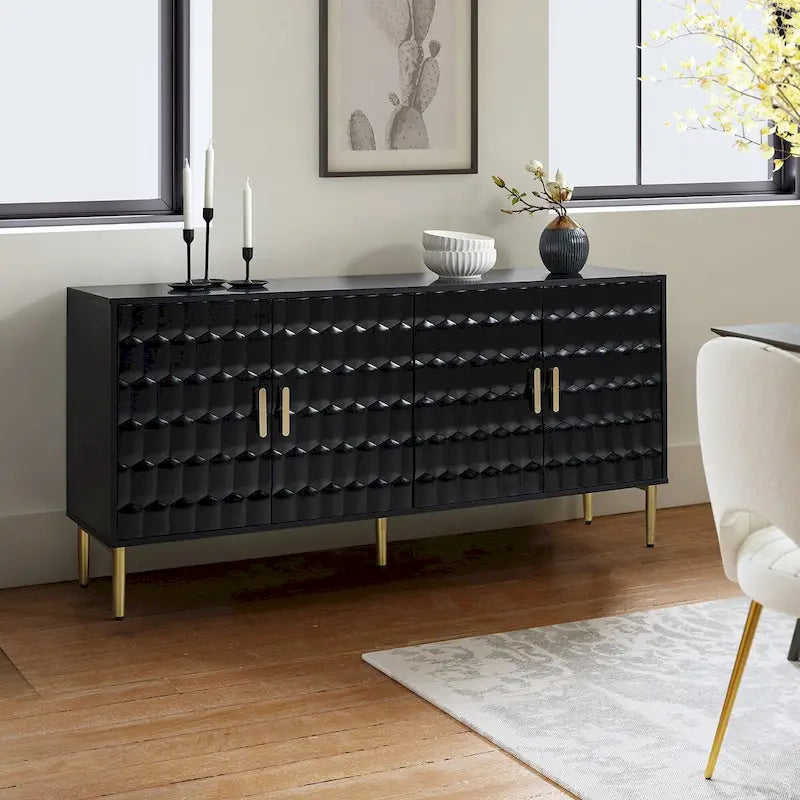 Bahut moderne blanc/noir de 160 cm avec portes hexagonales et pieds dorés
