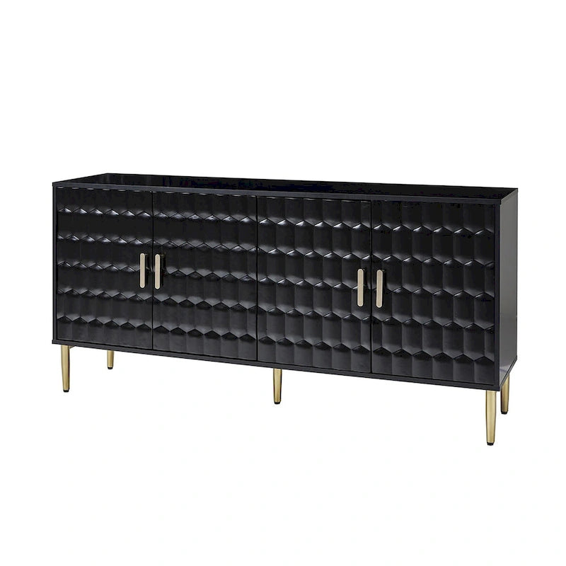Bahut moderne blanc/noir de 160 cm avec portes hexagonales et pieds dorés