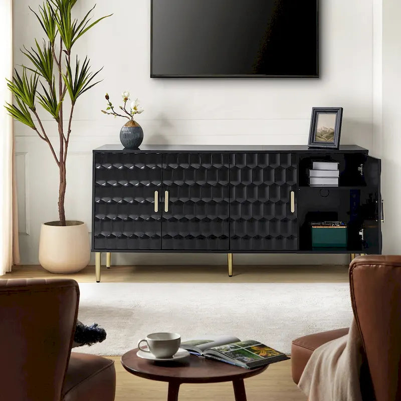 Bahut moderne blanc/noir de 160 cm avec portes hexagonales et pieds dorés