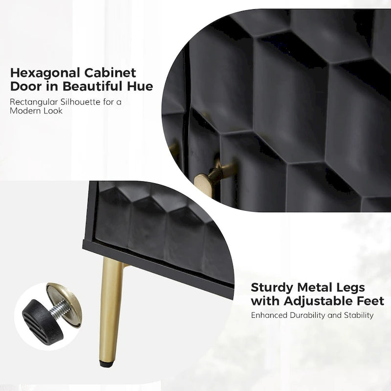 Bahut moderne blanc/noir de 160 cm avec portes hexagonales et pieds dorés