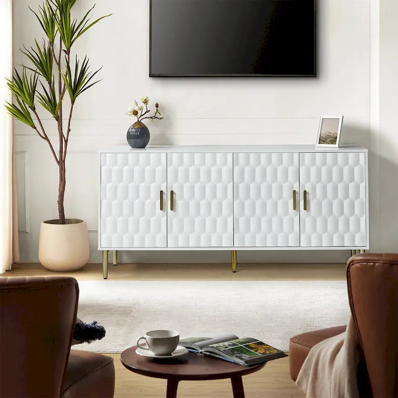 Bahut moderne blanc/noir de 160 cm avec portes hexagonales et pieds dorés