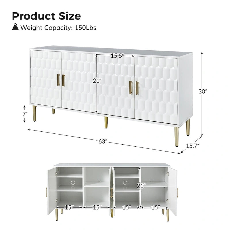 Bahut moderne blanc/noir de 160 cm avec portes hexagonales et pieds dorés