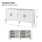 Bahut moderne blanc/noir de 160 cm avec portes hexagonales et pieds dorés