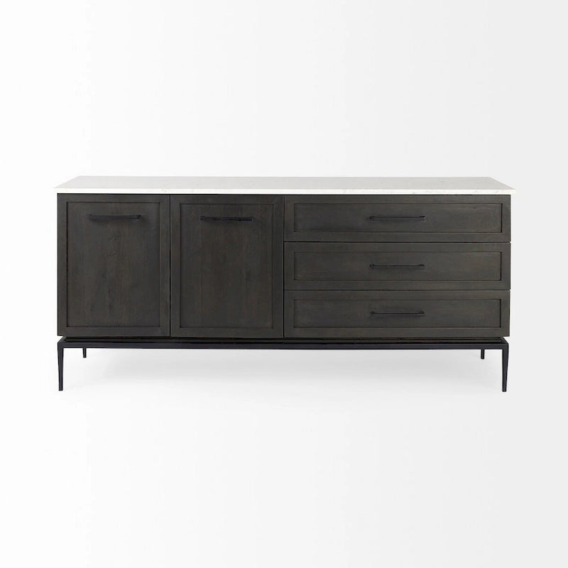Bahut en bois brun foncé avec plateau en marbre blanc et base en métal noir - 71,0L x 18,5P x 32,0H