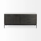 Bahut en bois brun foncé avec plateau en marbre blanc et base en métal noir - 71,0L x 18,5P x 32,0H