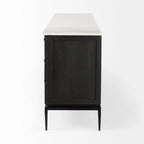 Bahut en bois brun foncé avec plateau en marbre blanc et base en métal noir - 71,0L x 18,5P x 32,0H