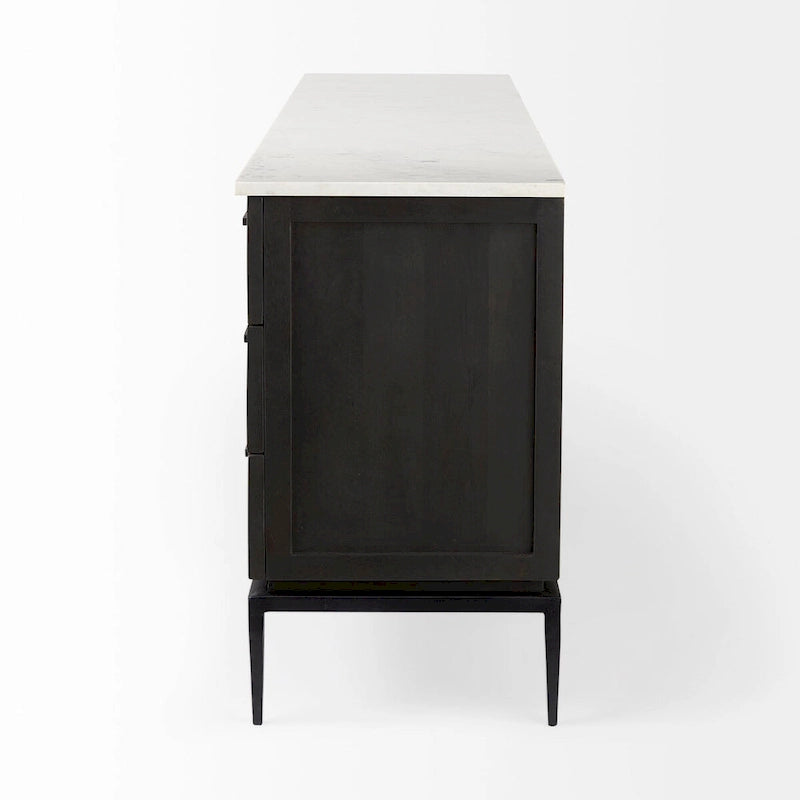 Bahut en bois brun foncé avec plateau en marbre blanc et base en métal noir - 71,0L x 18,5P x 32,0H