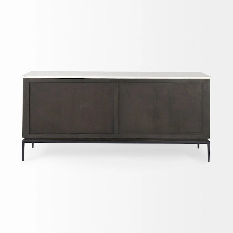 Bahut en bois brun foncé avec plateau en marbre blanc et base en métal noir - 71,0L x 18,5P x 32,0H