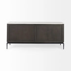 Bahut en bois brun foncé avec plateau en marbre blanc et base en métal noir - 71,0L x 18,5P x 32,0H