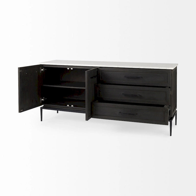 Bahut en bois brun foncé avec plateau en marbre blanc et base en métal noir - 71,0L x 18,5P x 32,0H