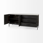 Bahut en bois brun foncé avec plateau en marbre blanc et base en métal noir - 71,0L x 18,5P x 32,0H