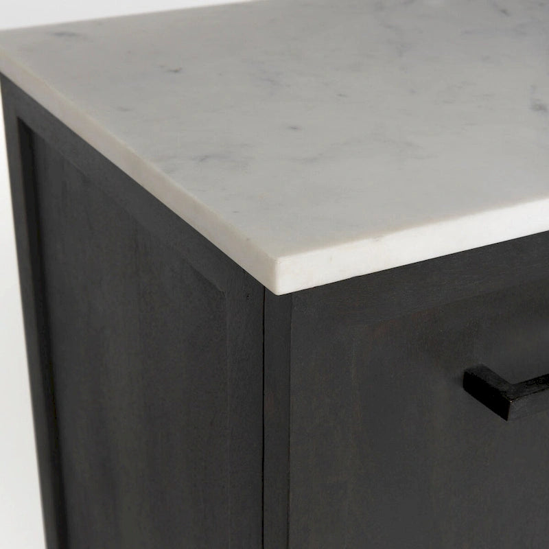 Bahut en bois brun foncé avec plateau en marbre blanc et base en métal noir - 71,0L x 18,5P x 32,0H