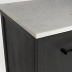 Bahut en bois brun foncé avec plateau en marbre blanc et base en métal noir - 71,0L x 18,5P x 32,0H