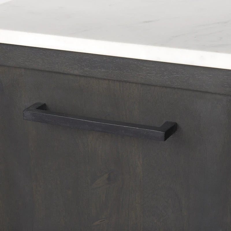 Bahut en bois brun foncé avec plateau en marbre blanc et base en métal noir - 71,0L x 18,5P x 32,0H