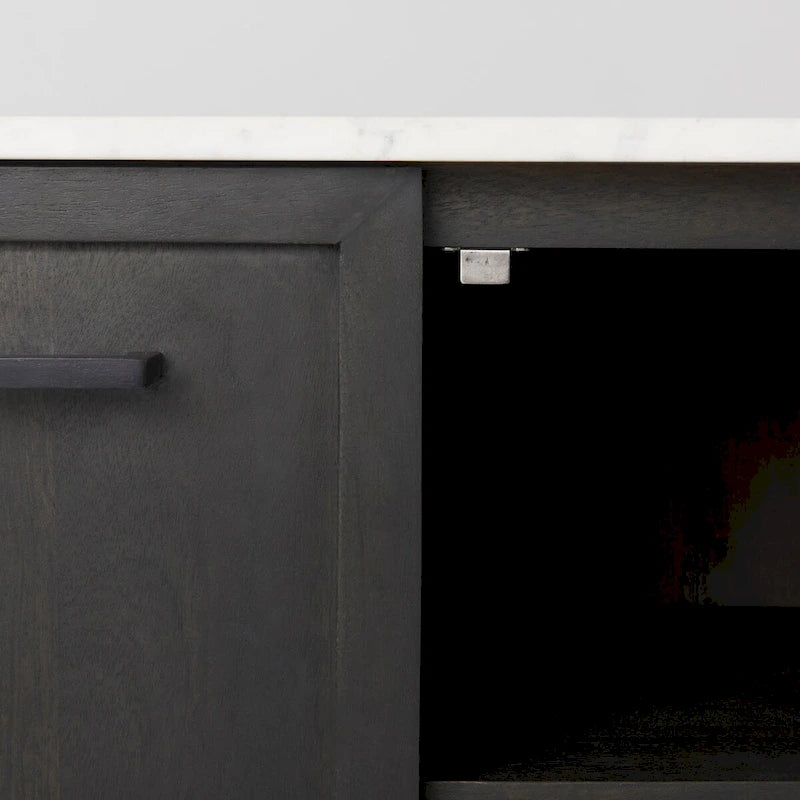 Bahut en bois brun foncé avec plateau en marbre blanc et base en métal noir - 71,0L x 18,5P x 32,0H