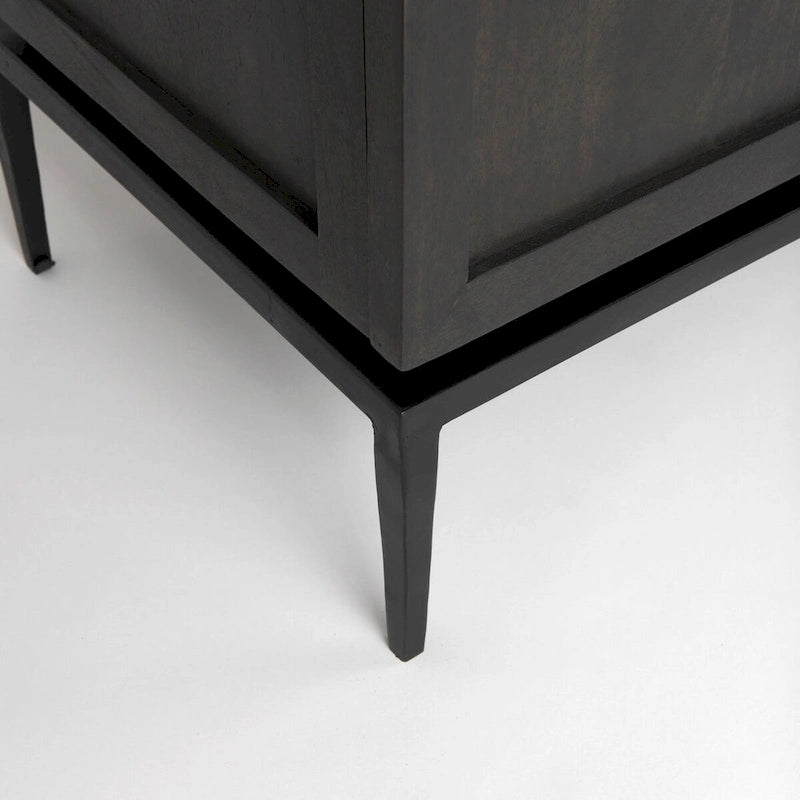 Bahut en bois brun foncé avec plateau en marbre blanc et base en métal noir - 71,0L x 18,5P x 32,0H