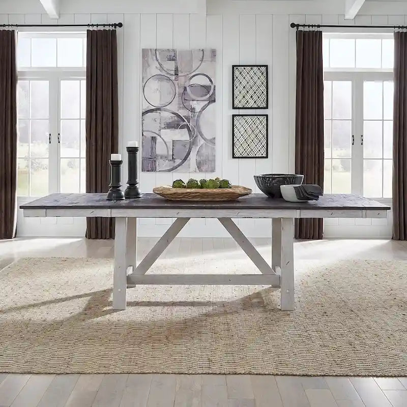 Table de salle à manger à tréteaux de style rustique bicolore blanc vieilli et bois