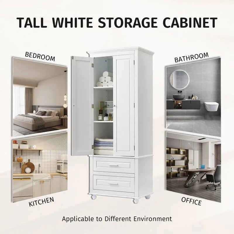 Armoire de salle de bain haute avec deux tiroirs et deux portes