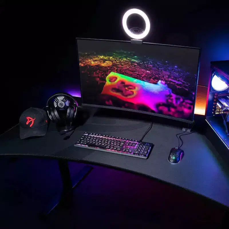 Bureau de jeu et de bureau incurvé ultra-large Arozzi Arena avec tapis de souris lavable et 3 découpes personnalisées pour support d'écran avec gestion des câbles