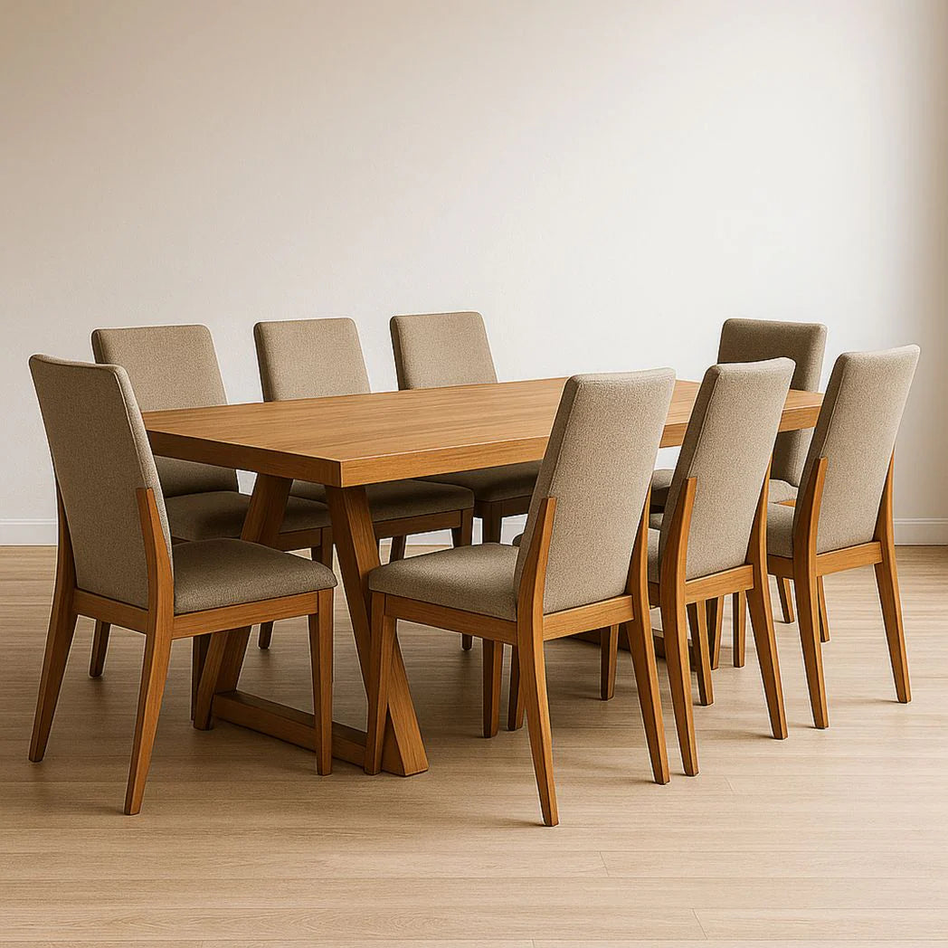 Solid wood rectangular dining table set with 8 beige fabric chairs