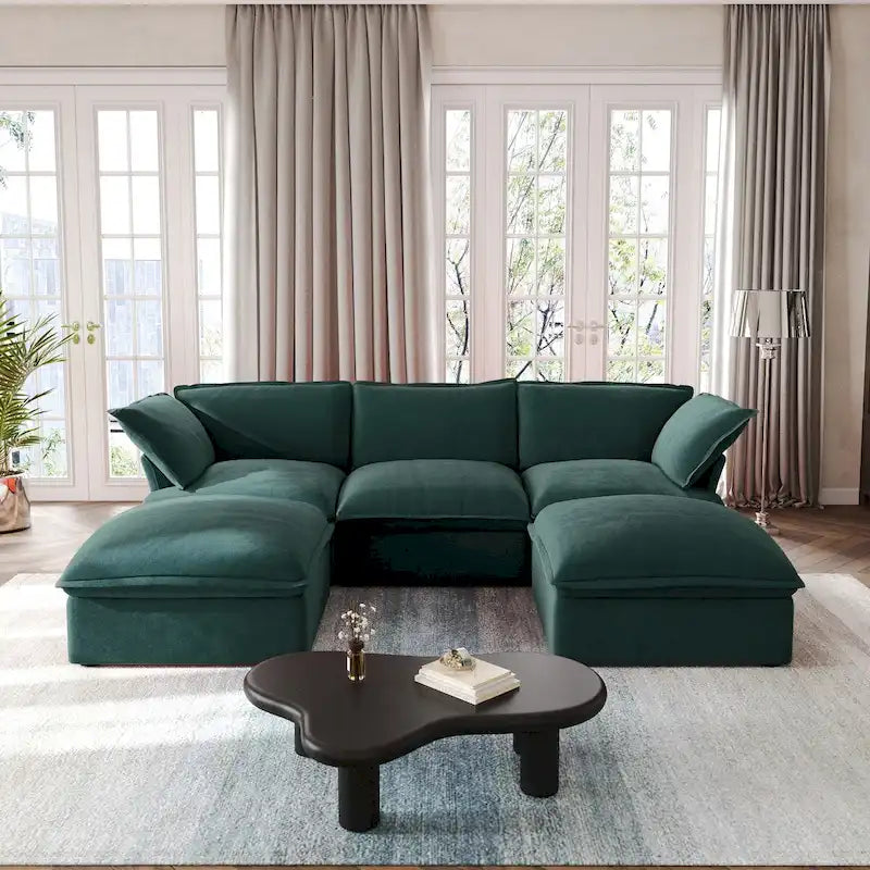 Canapé d'angle en U pour salon, canapé d'angle convertible en velours avec poufs