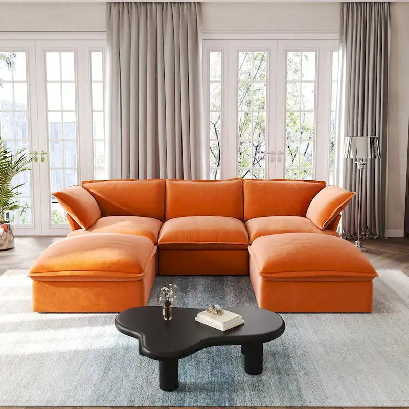 Canapé d'angle en U pour salon, canapé d'angle convertible en velours avec poufs