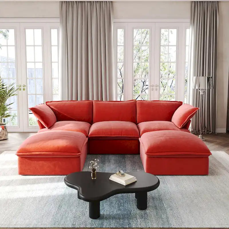Canapé d'angle en U pour salon, canapé d'angle convertible en velours avec poufs