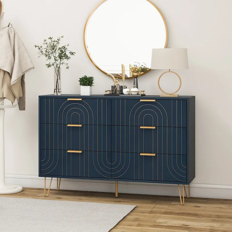 Commode moderne à 6 tiroirs, commode moderne avec poignées métalliques, commode de rangement, organisateurs de tiroirs de commode larges