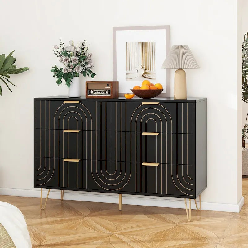 Commode moderne à 6 tiroirs, commode moderne avec poignées métalliques, commode de rangement, organisateurs de tiroirs de commode larges