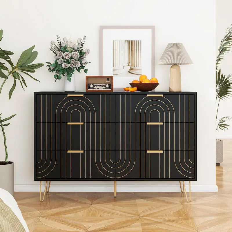 Commode moderne à 6 tiroirs, commode moderne avec poignées métalliques, commode de rangement, organisateurs de tiroirs de commode larges