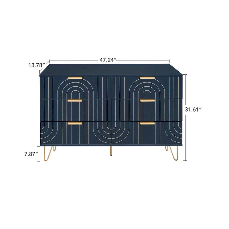 Commode moderne à 6 tiroirs, commode moderne avec poignées métalliques, commode de rangement, organisateurs de tiroirs de commode larges