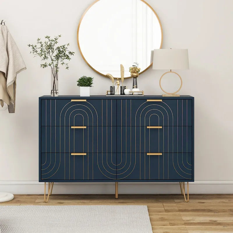 Commode moderne à 6 tiroirs, commode moderne avec poignées métalliques, commode de rangement, organisateurs de tiroirs de commode larges