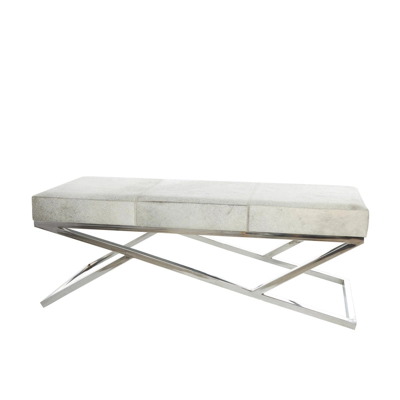 Banc d'intérieur géométrique en cuir avec base métallique argentée inclinée - Gris clair
