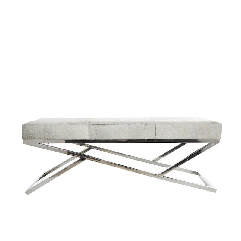 Banc d'intérieur géométrique en cuir avec base métallique argentée inclinée - Gris clair