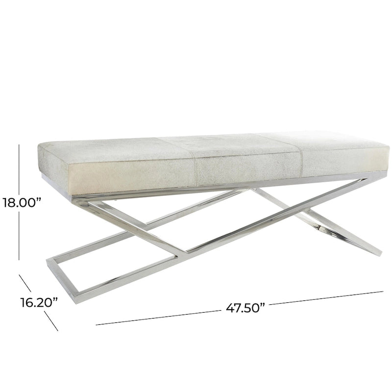 Banc d'intérieur géométrique en cuir avec base métallique argentée inclinée - Gris clair