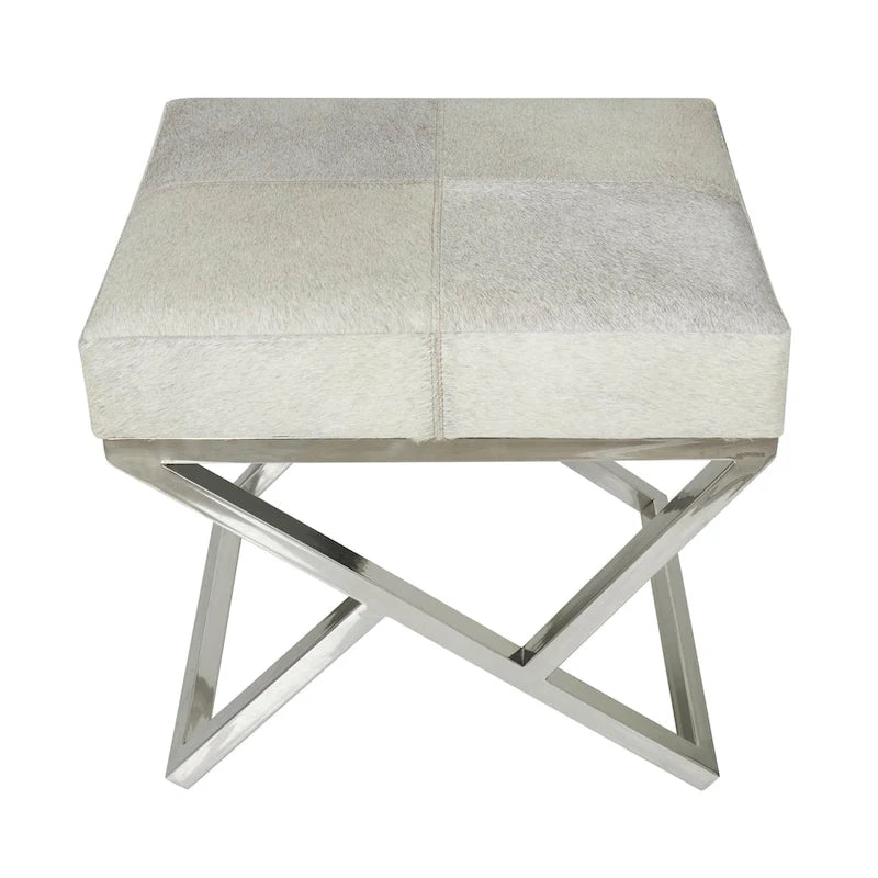 Banc d'intérieur géométrique en cuir avec base métallique argentée inclinée - Gris clair