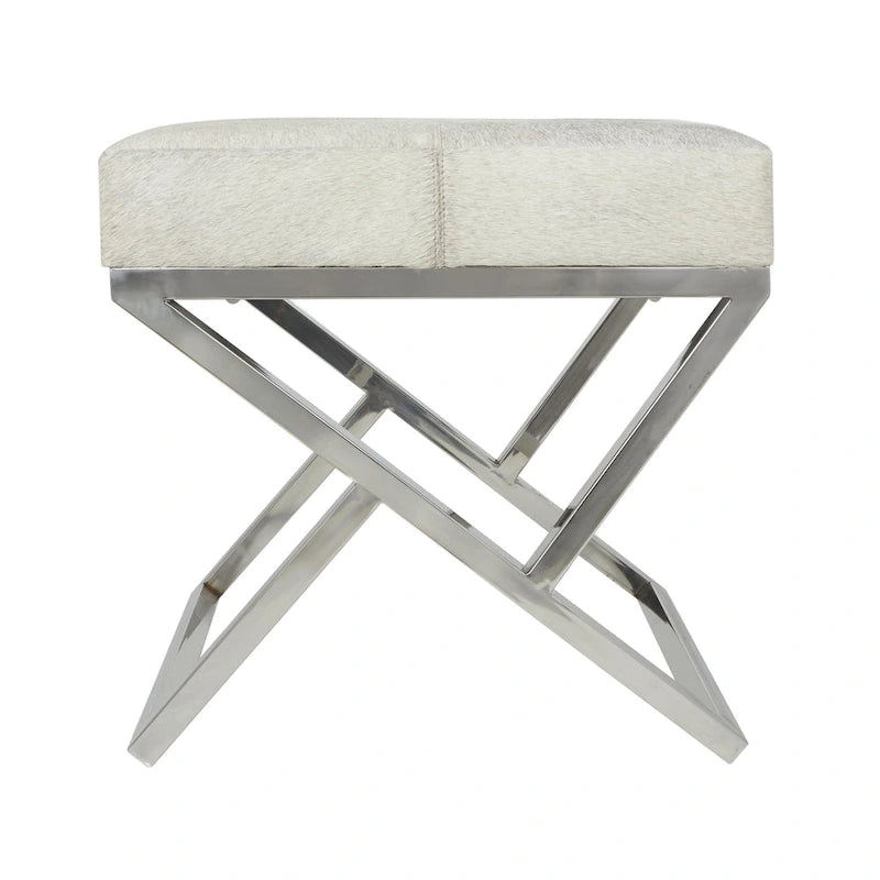 Banc d'intérieur géométrique en cuir avec base métallique argentée inclinée - Gris clair