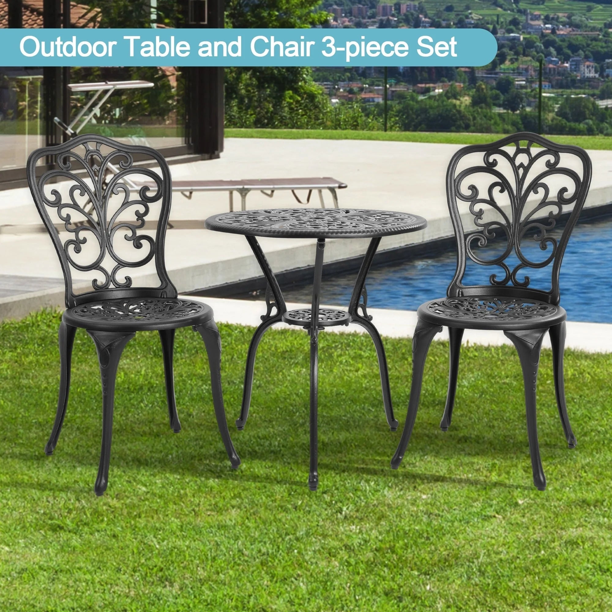 Table et chaises de patio extérieur en aluminium 3 pièces avec trou pour parasol
