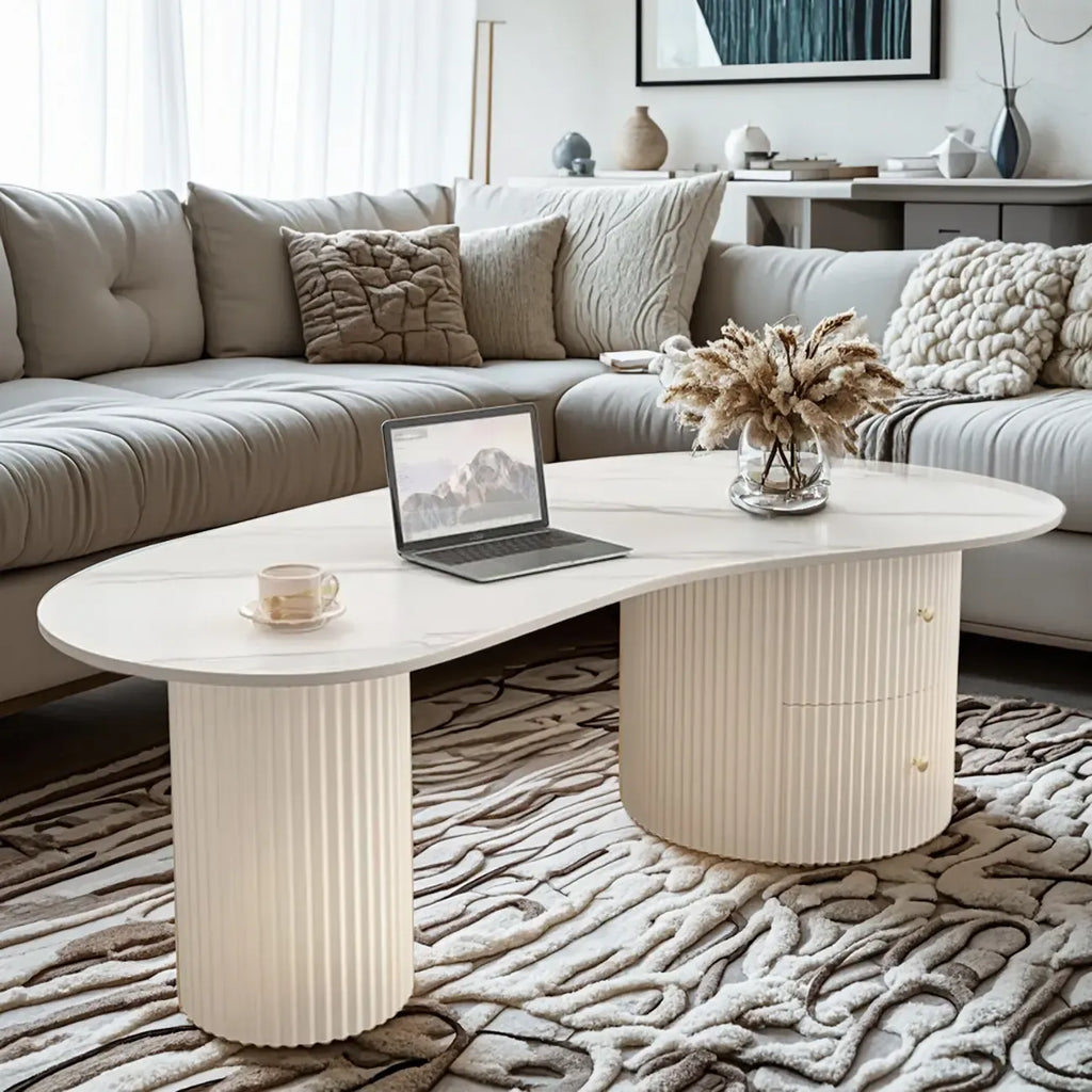 Table basse ovale standard minimaliste blanche avec 2 tiroirs