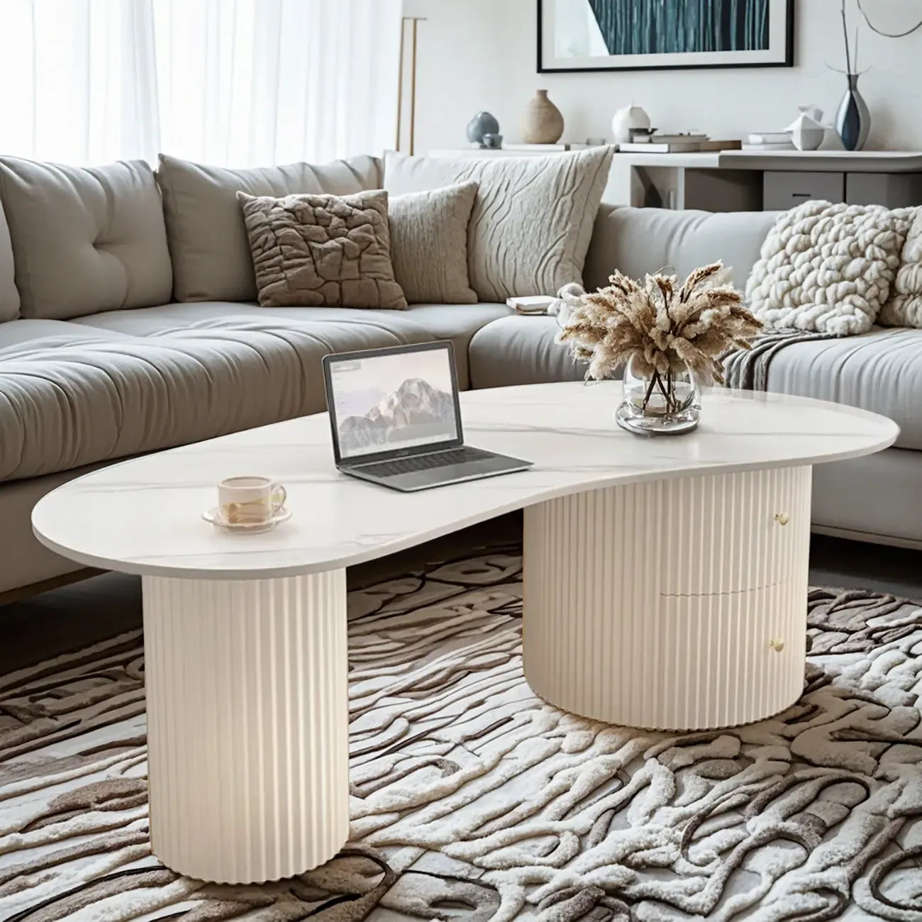 Table basse ovale standard minimaliste blanche avec 2 tiroirs