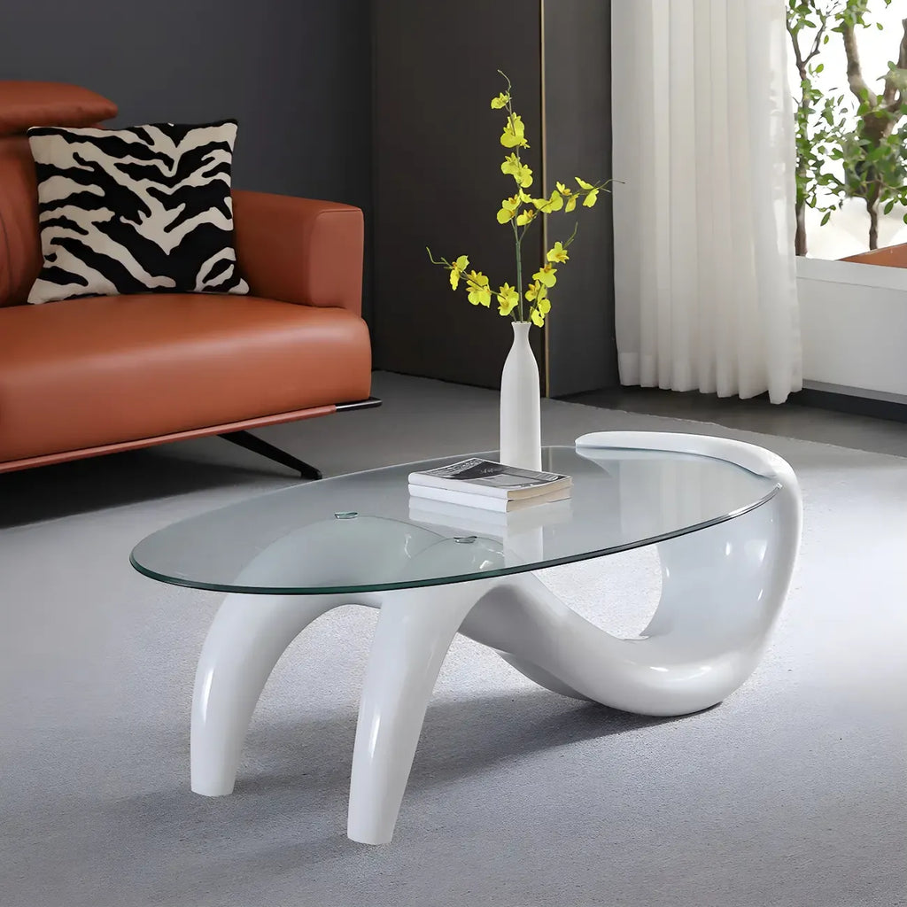 Table basse ovale moderne avec plateau en verre et base en métal
