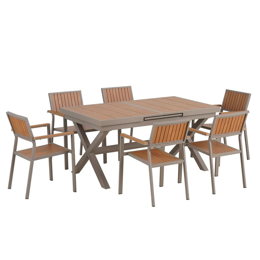 Ensemble de salle à manger d'extérieur moderne 7 pièces avec six chaises et une table extensible pour patio
