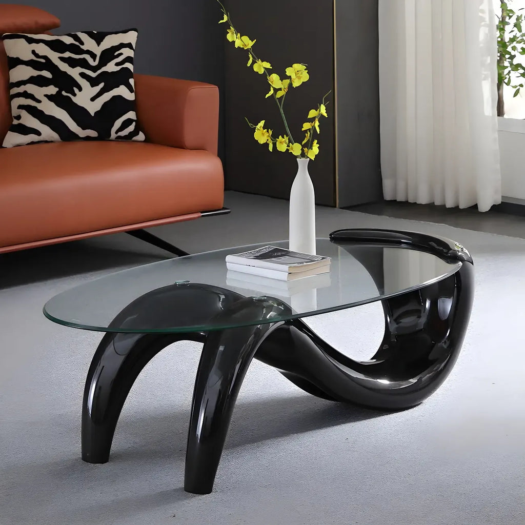 Table basse ovale moderne avec plateau en verre et base en métal
