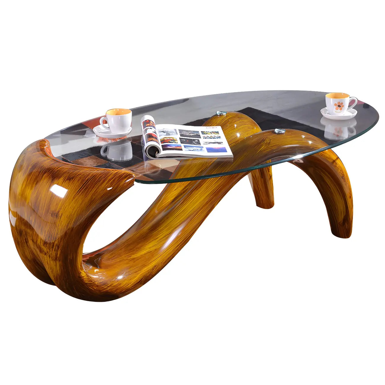 Table basse ovale moderne avec plateau en verre et base en métal