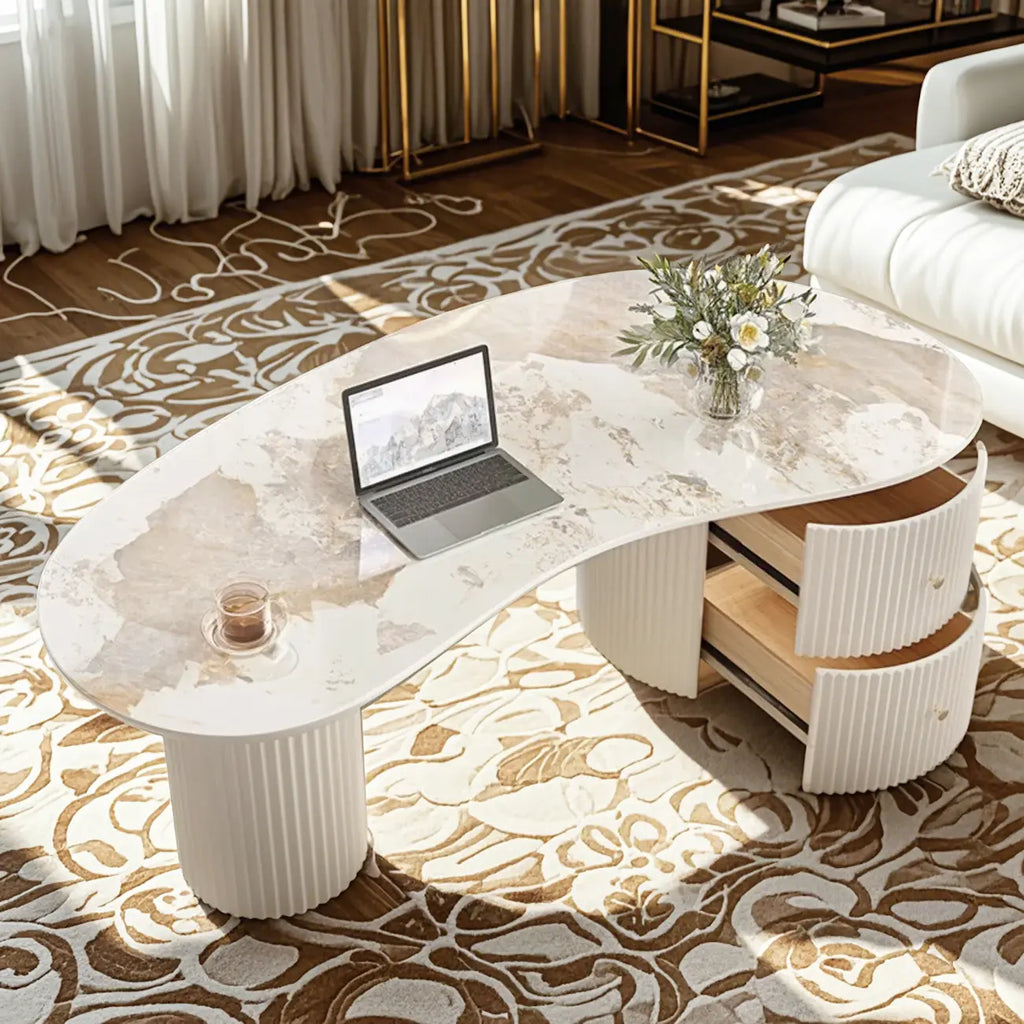 Table basse ovale standard minimaliste blanche avec 2 tiroirs