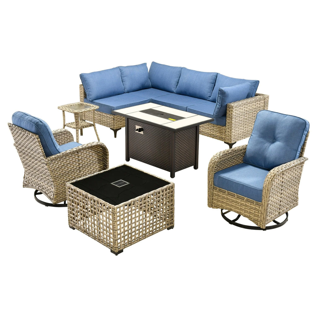 Ensemble de 9 chaises pivotantes en osier OVIOS pour l'extérieur avec table brasero